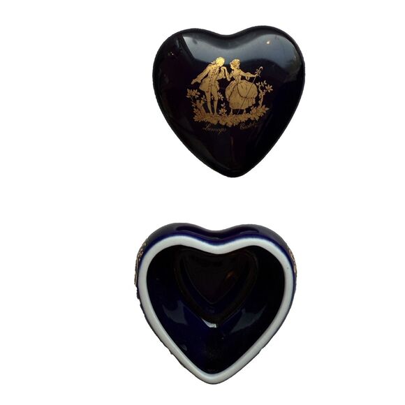 Vintage Limoges Castel Porcelain Heart Trinket Box Cobalt Blue 22K Gold France - Picture 2 of 10
